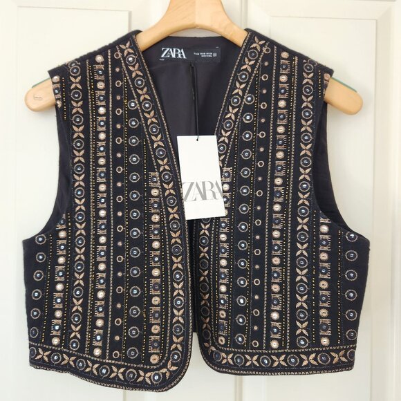 Zara Jackets & Blazers - As Seen On The Bachelor Zara Black & Gold Embroidered Vest Sequins Bling Glam